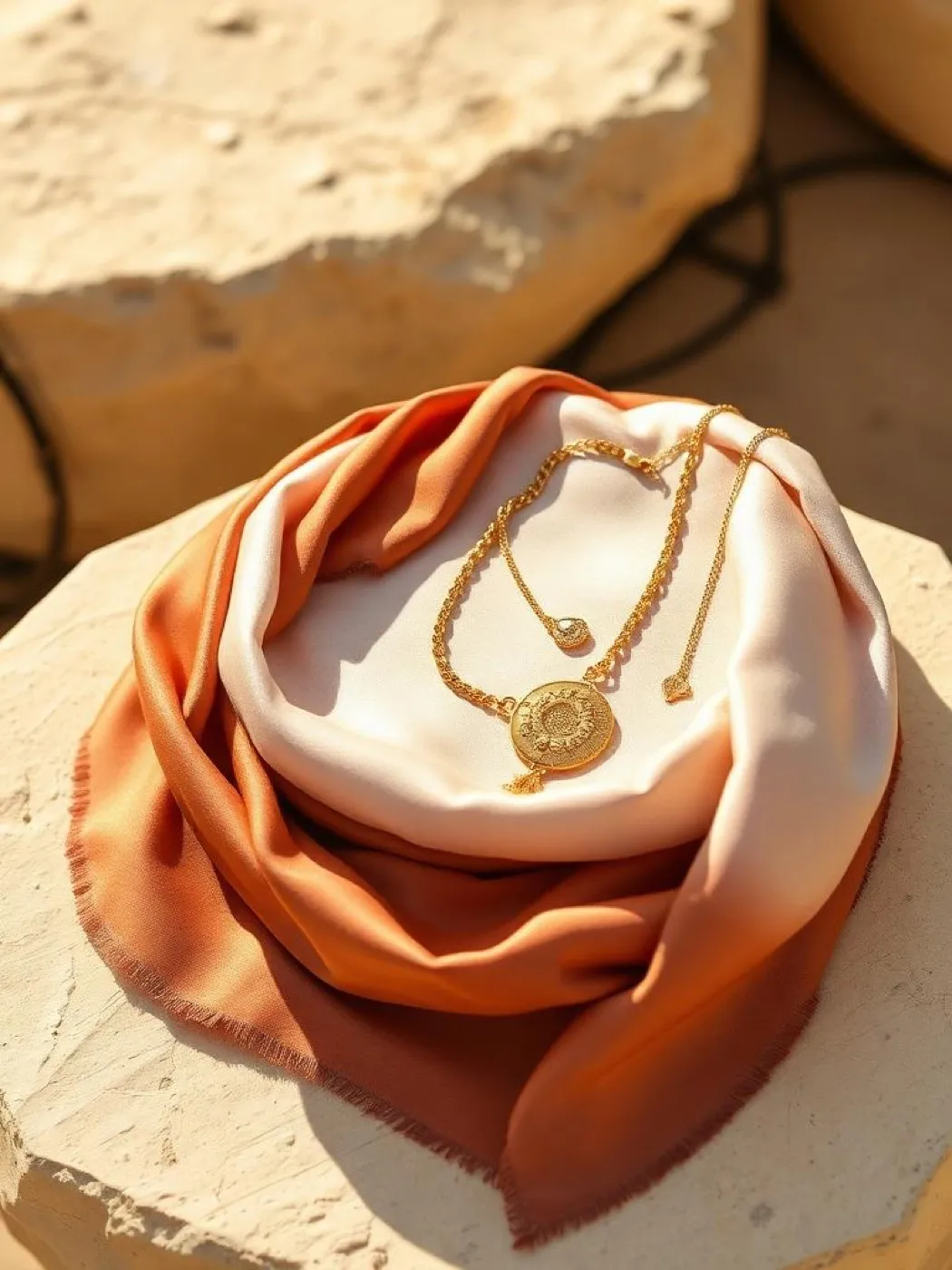 Gold pendant on a silk scarf